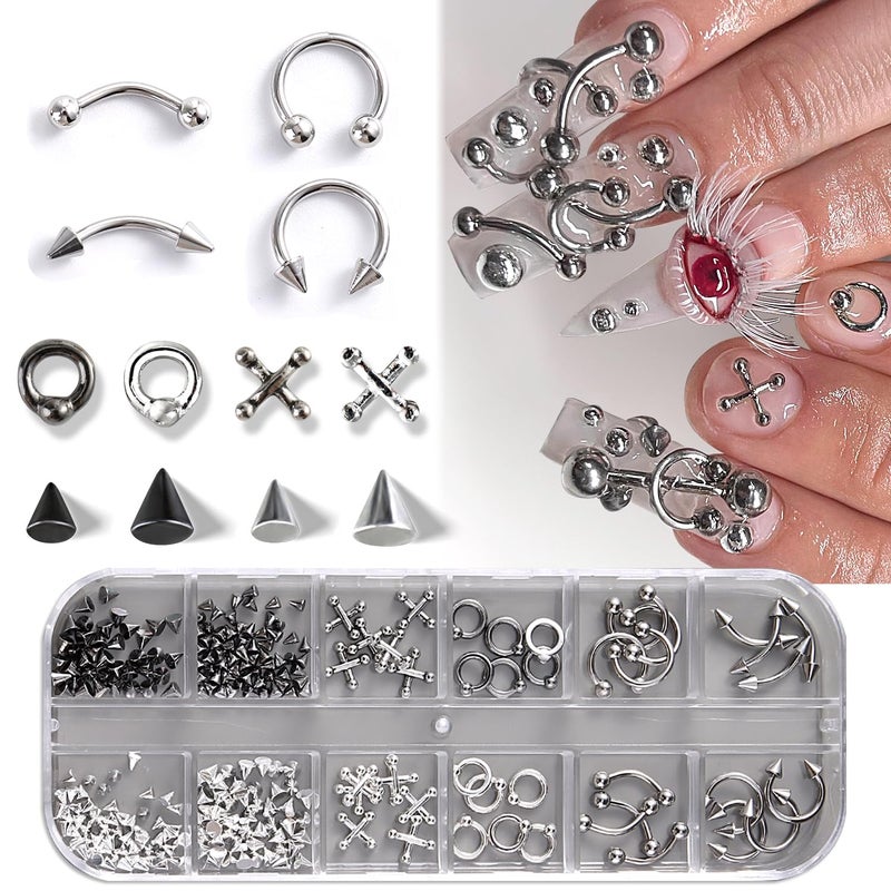furtherpretty Gothic Nail Charms Set, 3D Black & Silver Piercing Nail Charms with Metal Rings, Triangle Spikes & Rivet Studs for Nails, Y2K Punk Goth Nail Art Decorations Accessories with Tweezers - Image 1